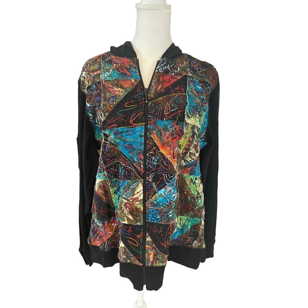 Chico’s Vibrant Patchwork Black Hooded Jacket Sz S - image 1